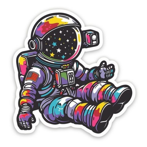 Cute Kawaii Stickers Tiny Astronaut Floating in Space on White Background (38)