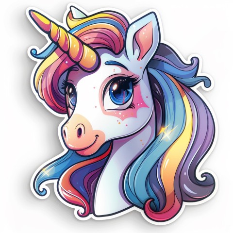 Cute Kawaii Stickers Unicorn with Rainbow Mane and Sparkly Eyes on White Background (19)