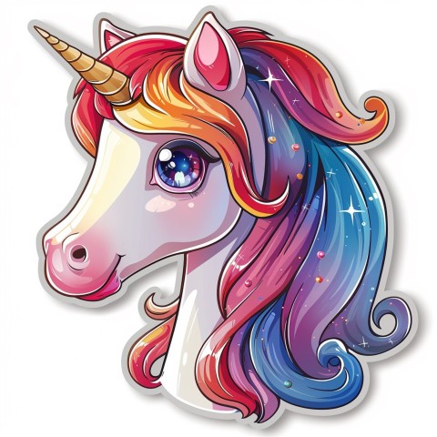 Cute Kawaii Stickers Unicorn with Rainbow Mane and Sparkly Eyes on White Background (85)