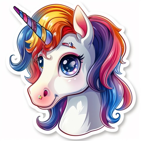 Cute Kawaii Stickers Unicorn with Rainbow Mane and Sparkly Eyes on White Background (92)