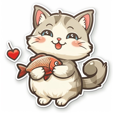 Cute Kawaii Stickers Valentine Cartoon Cat Eating Fish on White Background (1)