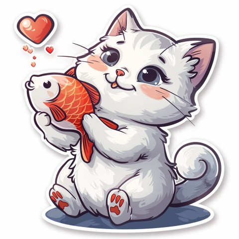 Cute Kawaii Stickers Valentine Cartoon Cat Eating Fish on White Background (13)