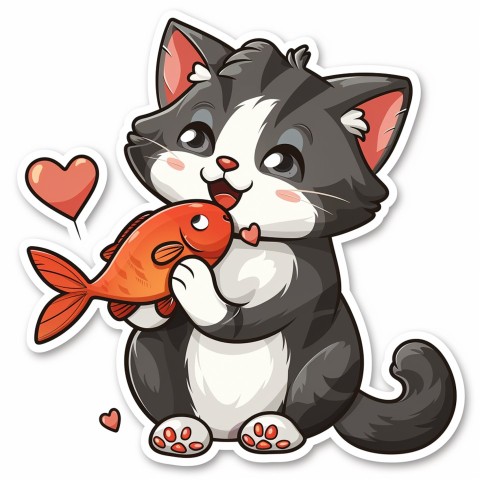 Cute Kawaii Stickers Valentine Cartoon Cat Eating Fish on White Background (18)