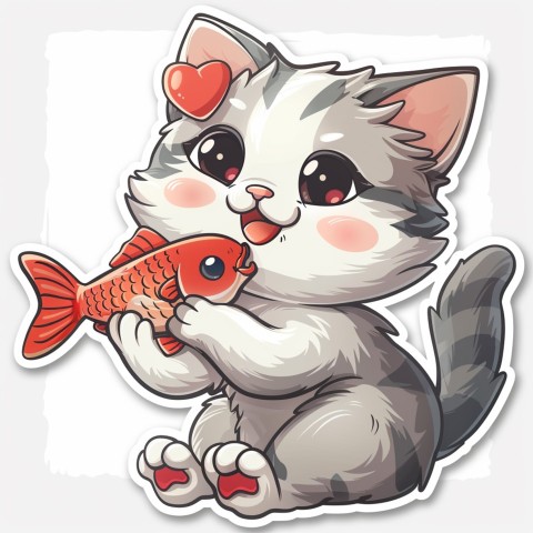 Cute Kawaii Stickers Valentine Cartoon Cat Eating Fish on White Background (2)