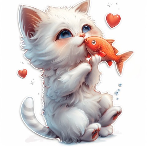 Cute Kawaii Stickers Valentine Cartoon Cat Eating Fish on White Background (15)