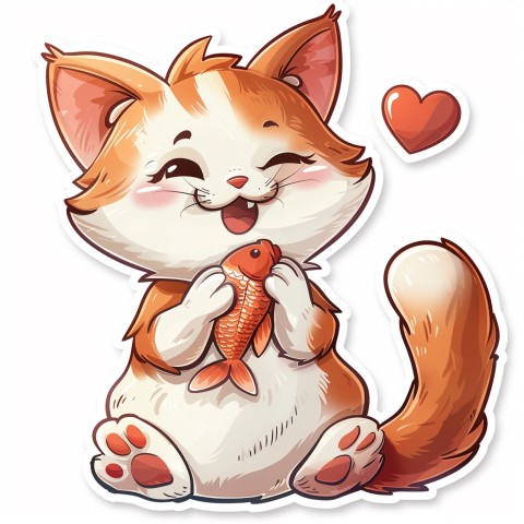 Cute Kawaii Stickers Valentine Cartoon Cat Eating Fish on White Background (8)