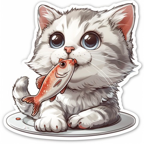 Cute Kawaii Stickers Valentine Cartoon Cat Eating Fish on White Background (11)