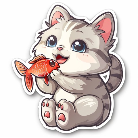 Cute Kawaii Stickers Valentine Cartoon Cat Eating Fish on White Background (38)