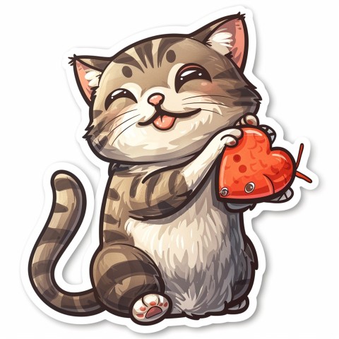 Cute Kawaii Stickers Valentine Cartoon Cat Eating Fish on White Background (31)