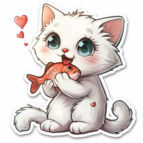 Cute Kawaii Stickers Valentine Cartoon Cat Eating Fish on White Background (33)