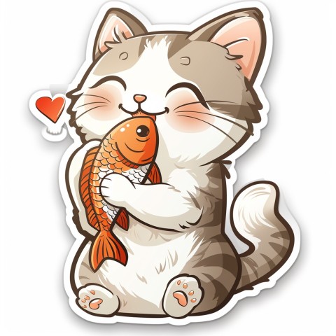 Cute Kawaii Stickers Valentine Cartoon Cat Eating Fish on White Background (28)