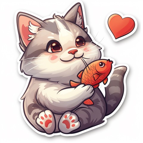 Cute Kawaii Stickers Valentine Cartoon Cat Eating Fish on White Background (40)