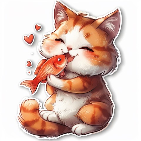 Cute Kawaii Stickers Valentine Cartoon Cat Eating Fish on White Background (23)