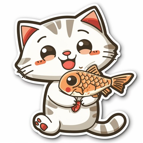 Cute Kawaii Stickers Valentine Cartoon Cat Eating Fish on White Background (45)