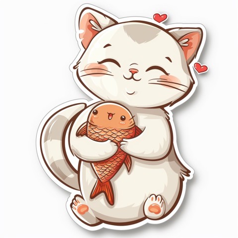 Cute Kawaii Stickers Valentine Cartoon Cat Eating Fish on White Background (51)