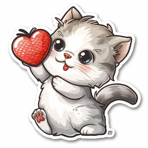 Cute Kawaii Stickers Valentine Cartoon Cat Eating Fish on White Background (57)