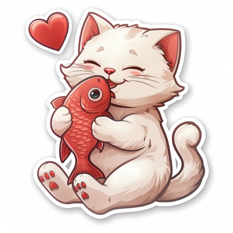 Cute Kawaii Stickers Valentine Cartoon Cat Eating Fish on White Background (56)