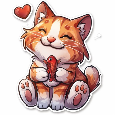 Cute Kawaii Stickers Valentine Cartoon Cat Eating Fish on White Background (52)