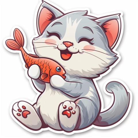 Cute Kawaii Stickers Valentine Cartoon Cat Eating Fish on White Background (53)