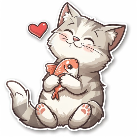 Cute Kawaii Stickers Valentine Cartoon Cat Eating Fish on White Background (65)