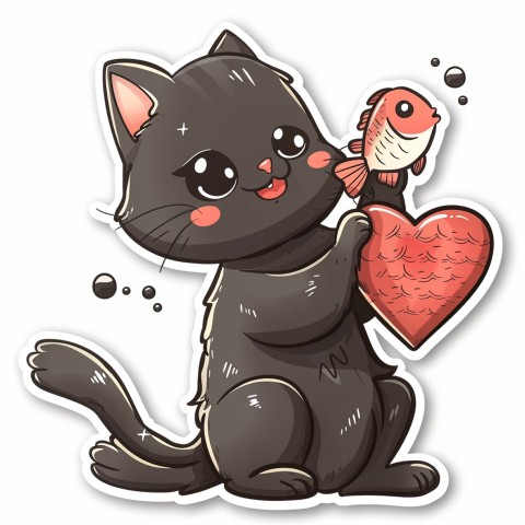 Cute Kawaii Stickers Valentine Cartoon Cat Eating Fish on White Background (71)