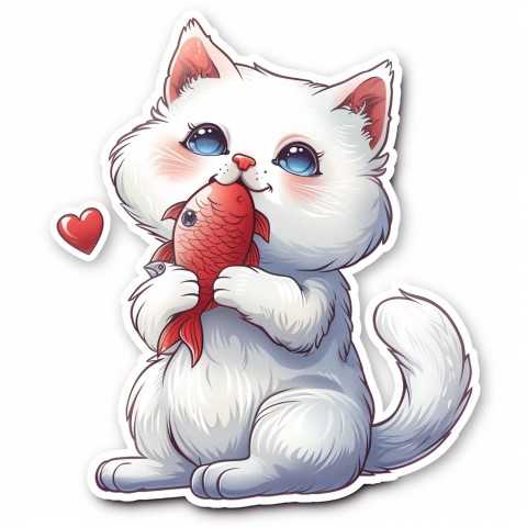 Cute Kawaii Stickers Valentine Cartoon Cat Eating Fish on White Background (68)