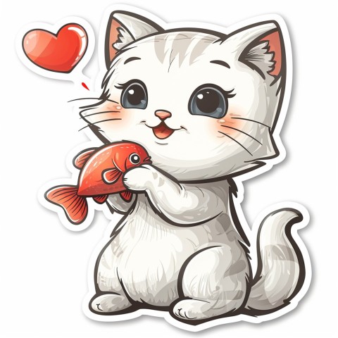 Cute Kawaii Stickers Valentine Cartoon Cat Eating Fish on White Background (98)