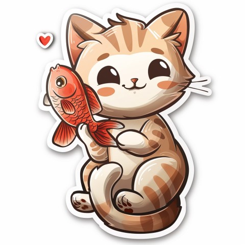 Cute Kawaii Stickers Valentine Cartoon Cat Eating Fish on White Background (84)