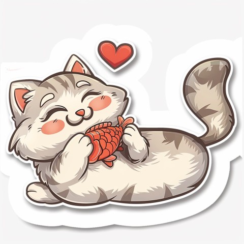 Cute Kawaii Stickers Valentine Cartoon Cat Eating Fish on White Background (97)