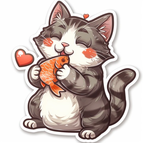 Cute Kawaii Stickers Valentine Cartoon Cat Eating Fish on White Background (99)