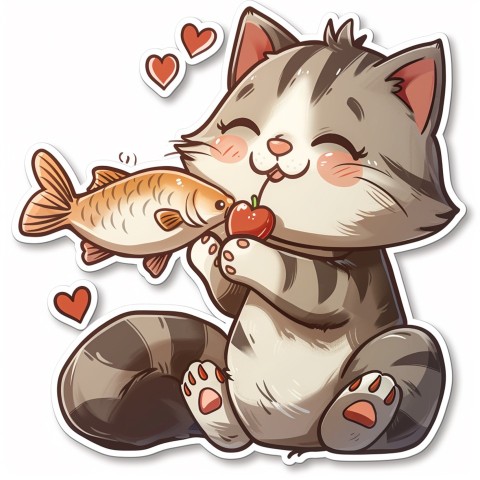 Cute Kawaii Stickers Valentine Cartoon Cat Eating Fish on White Background (88)