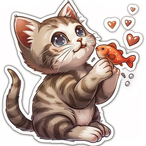 Cute Kawaii Stickers Valentine Cartoon Cat Eating Fish on White Background (91)