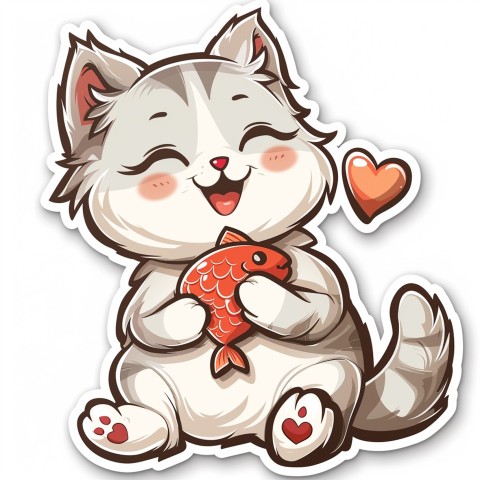 Cute Kawaii Stickers Valentine Cartoon Cat Eating Fish on White Background (96)