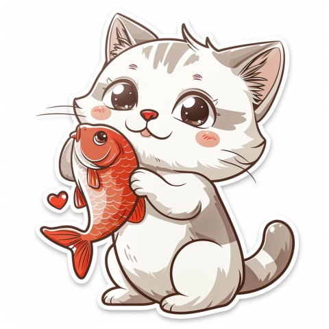 Cute Kawaii Stickers Valentine Cartoon Cat Eating Fish on White Background (116)