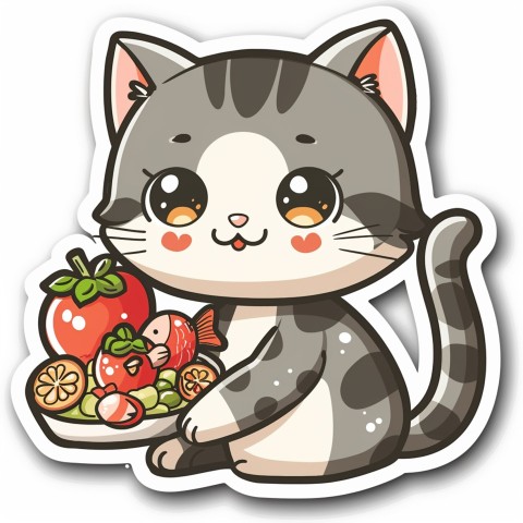 Cute Kawaii Stickers Valentine Cartoon Cat Eating Fish on White Background (119)