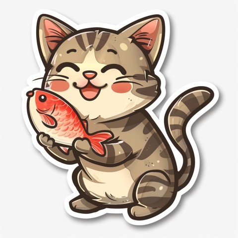 Cute Kawaii Stickers Valentine Cartoon Cat Eating Fish on White Background (118)