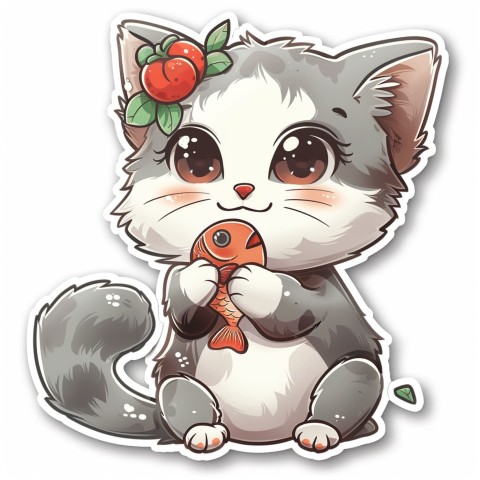 Cute Kawaii Stickers Valentine Cartoon Cat Eating Fish on White Background (117)