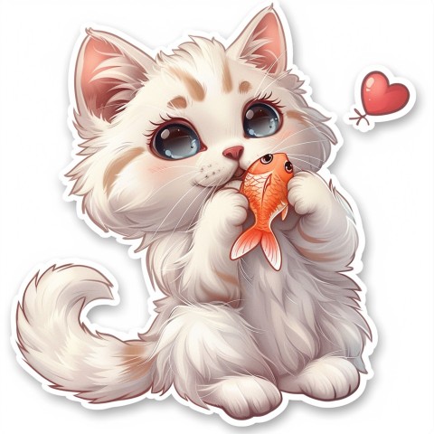 Cute Kawaii Stickers Valentine Cartoon Cat Eating Fish on White Background (111)