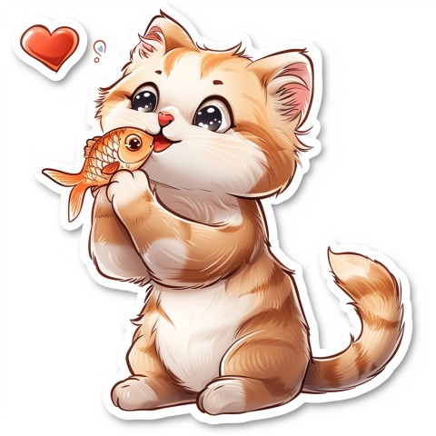 Cute Kawaii Stickers Valentine Cartoon Cat Eating Fish on White Background (120)