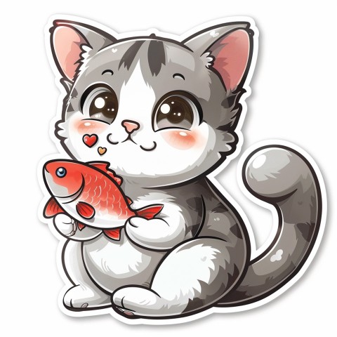 Cute Kawaii Stickers Valentine Cartoon Cat Eating Fish on White Background (104)