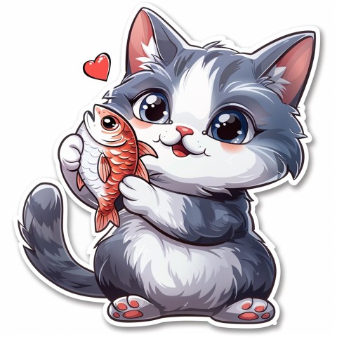 Cute Kawaii Stickers Valentine Cartoon Cat Eating Fish on White Background (107)