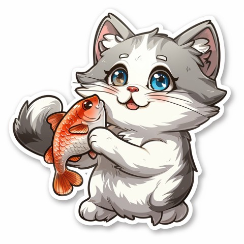 Cute Kawaii Stickers Valentine Cartoon Cat Eating Fish on White Background (130)