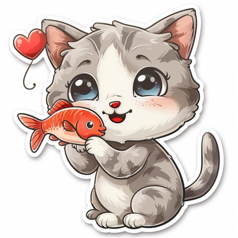 Cute Kawaii Stickers Valentine Cartoon Cat Eating Fish on White Background (122)