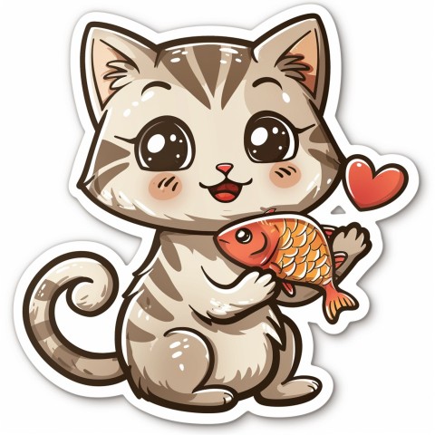 Cute Kawaii Stickers Valentine Cartoon Cat Eating Fish on White Background (123)