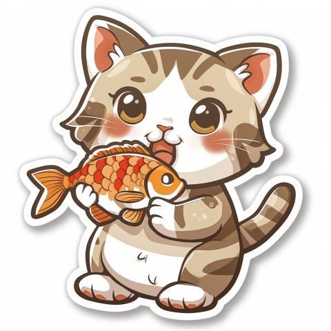 Cute Kawaii Stickers Valentine Cartoon Cat Eating Fish on White Background (132)