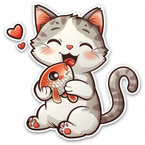 Cute Kawaii Stickers Valentine Cartoon Cat Eating Fish on White Background (146)