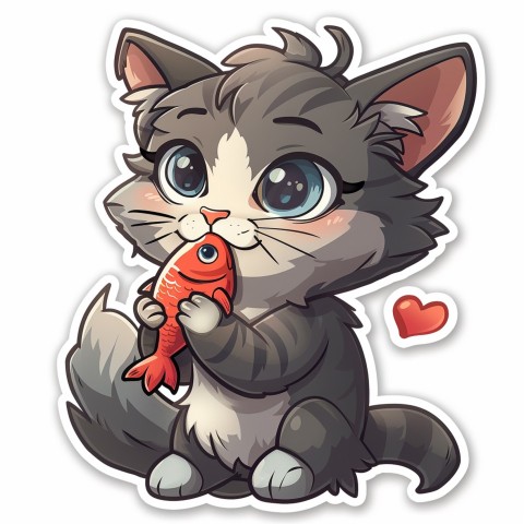 Cute Kawaii Stickers Valentine Cartoon Cat Eating Fish on White Background (141)