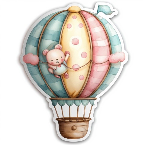 Cute Kawaii Stickers Whimsical Hot Air Balloon with Happy Bear on White Background (60)