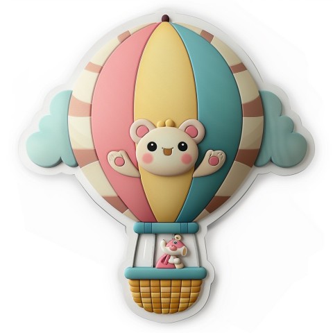 Cute Kawaii Stickers Whimsical Hot Air Balloon with Happy Bear on White Background (69)