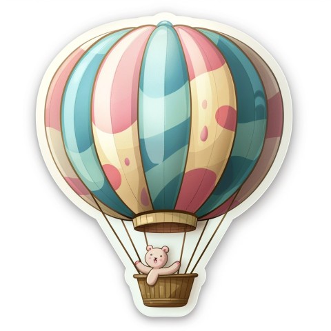 Cute Kawaii Stickers Whimsical Hot Air Balloon with Happy Bear on White Background (67)